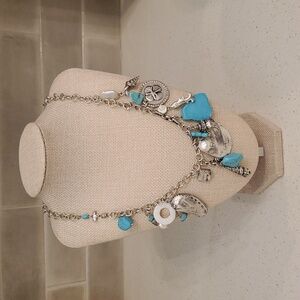 Chico's Seashell Charm Necklace Silvertone and Turquoise Colors